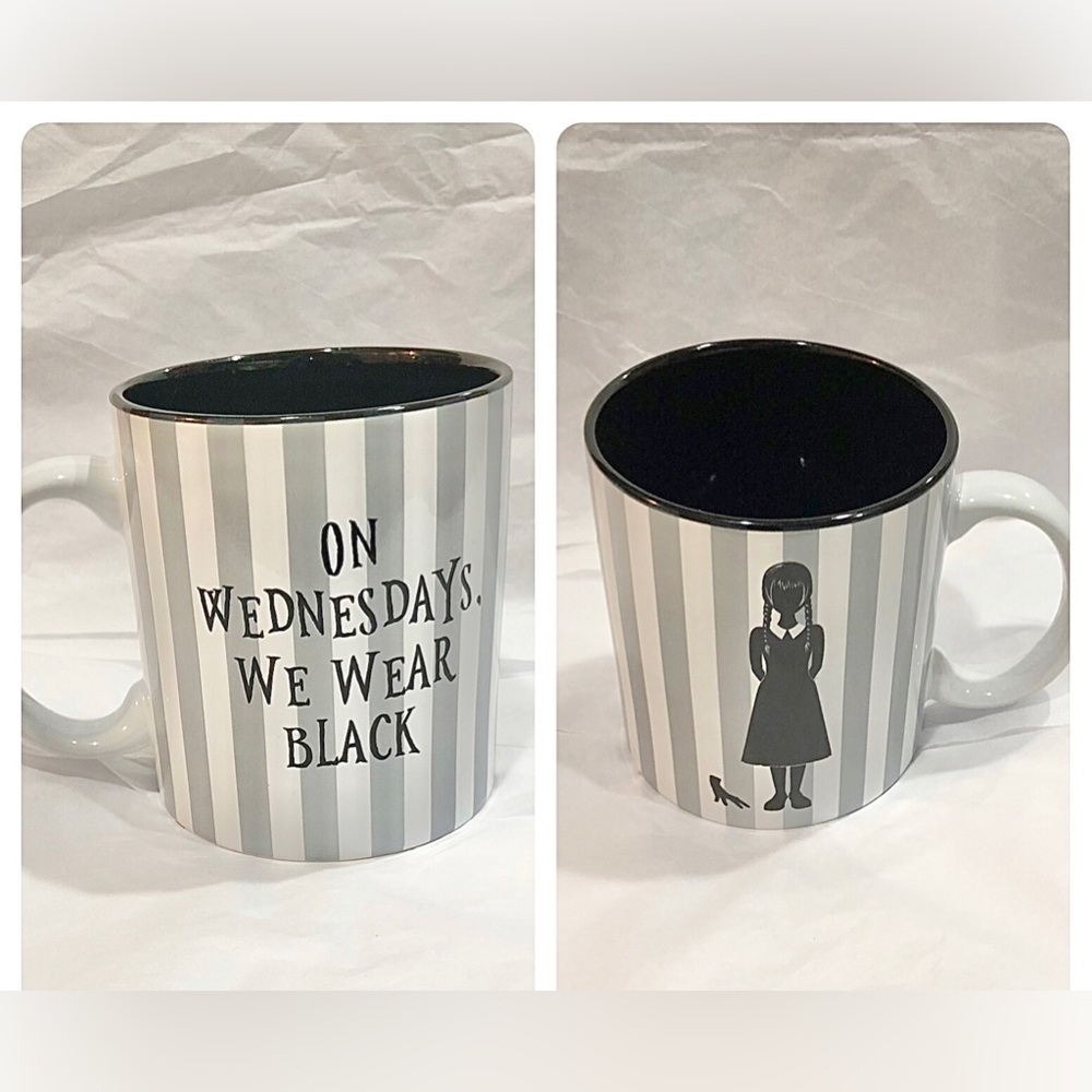 Wednesday Addams ‘On Wednesdays We Wear Black’ gray white striped coffee mug cup